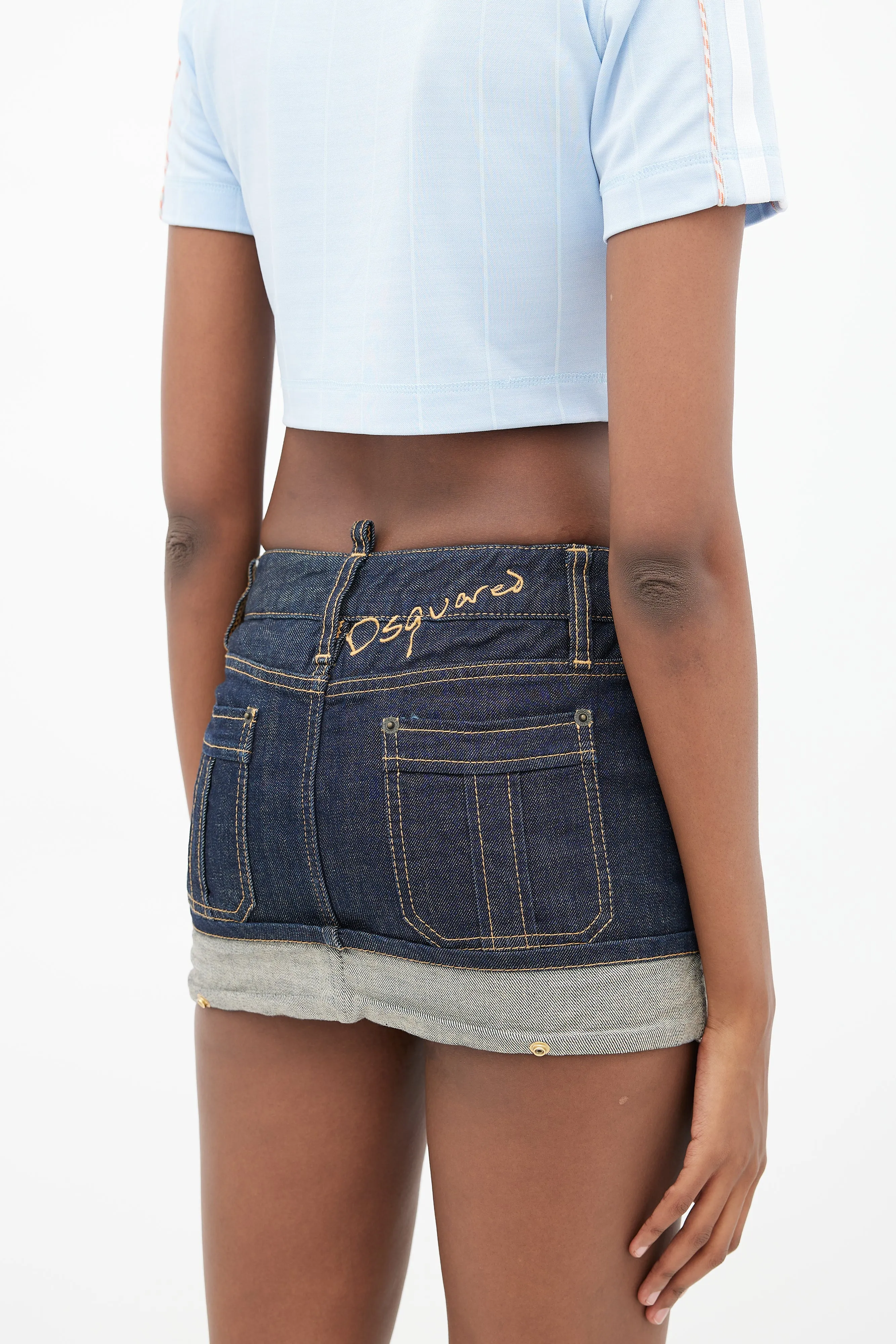 Blue Cuffed Denim Mini Skirt
