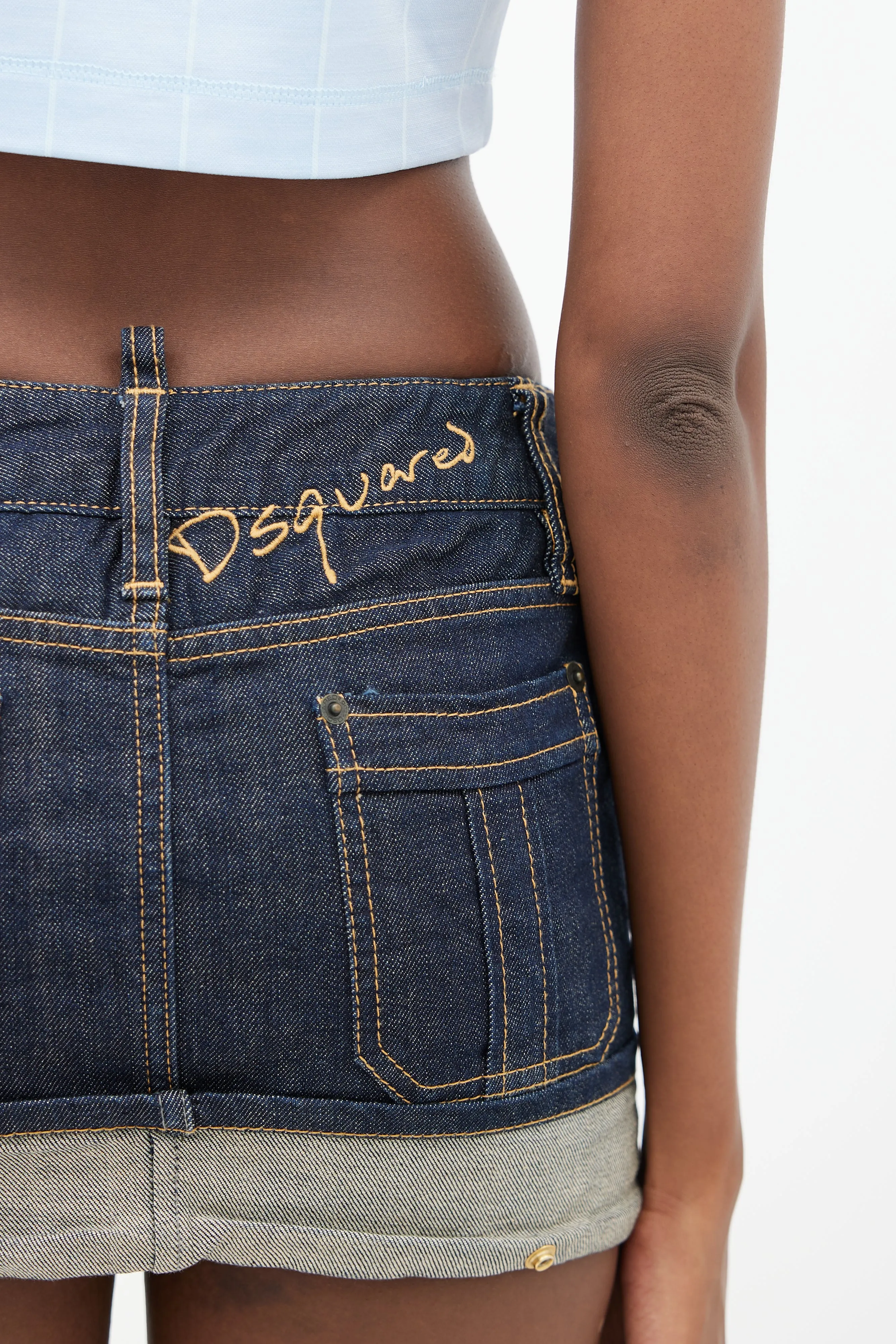 Blue Cuffed Denim Mini Skirt
