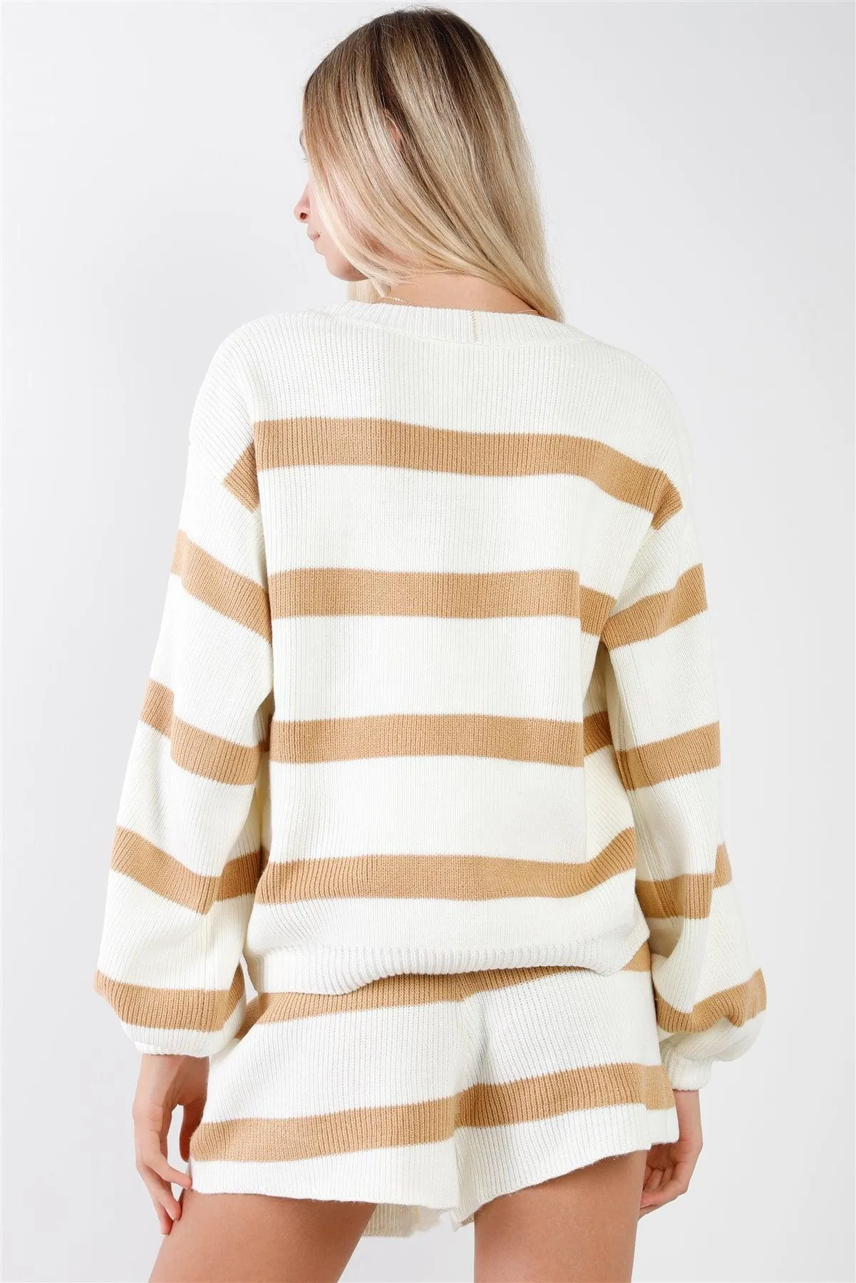 Camel & Ivory Striped Oversized Knit Long Sleeve V-Neck Cardigan & High-Waisted Shorts Two Piece Set