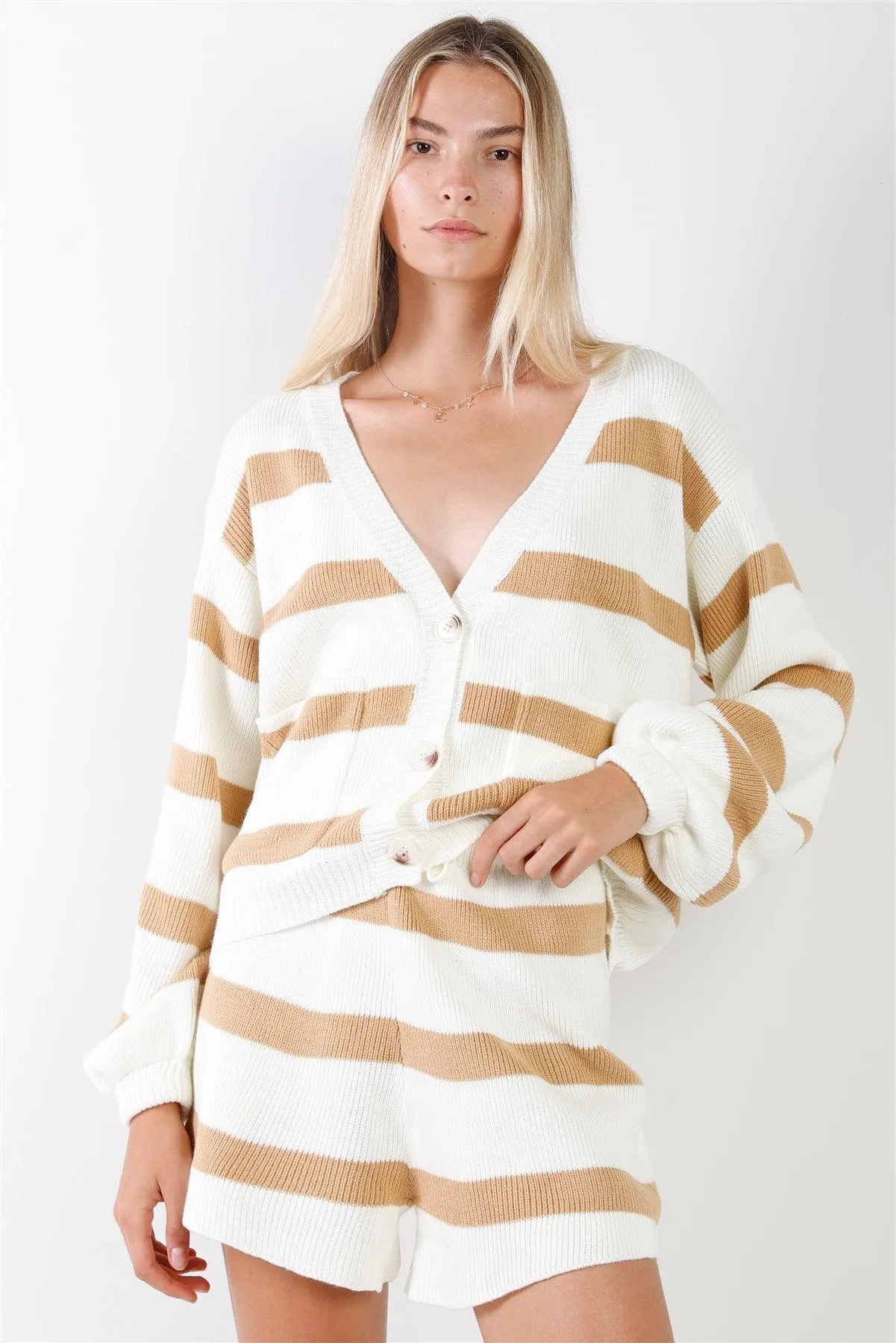 Camel & Ivory Striped Oversized Knit Long Sleeve V-Neck Cardigan & High-Waisted Shorts Two Piece Set