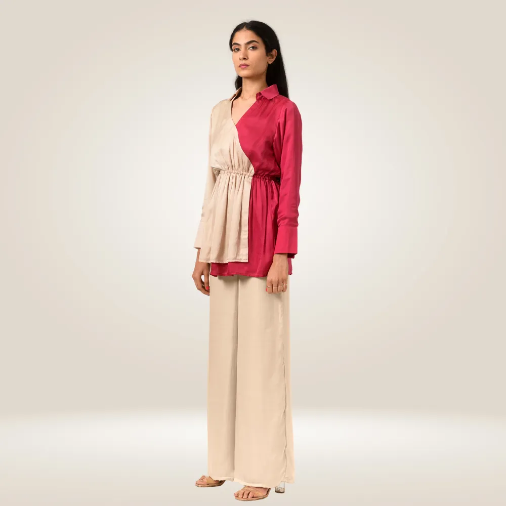 Ecru And Berry Colour Block Long Top | Bemberg Modal | Modern Chic