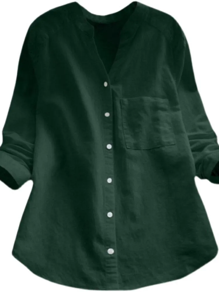 Nukty Summer New Women's Tops Cotton and Linen Women's V-neck Long-sleeved Loose-fitting Thin Shirts Tops Are Simple and Comfortable
