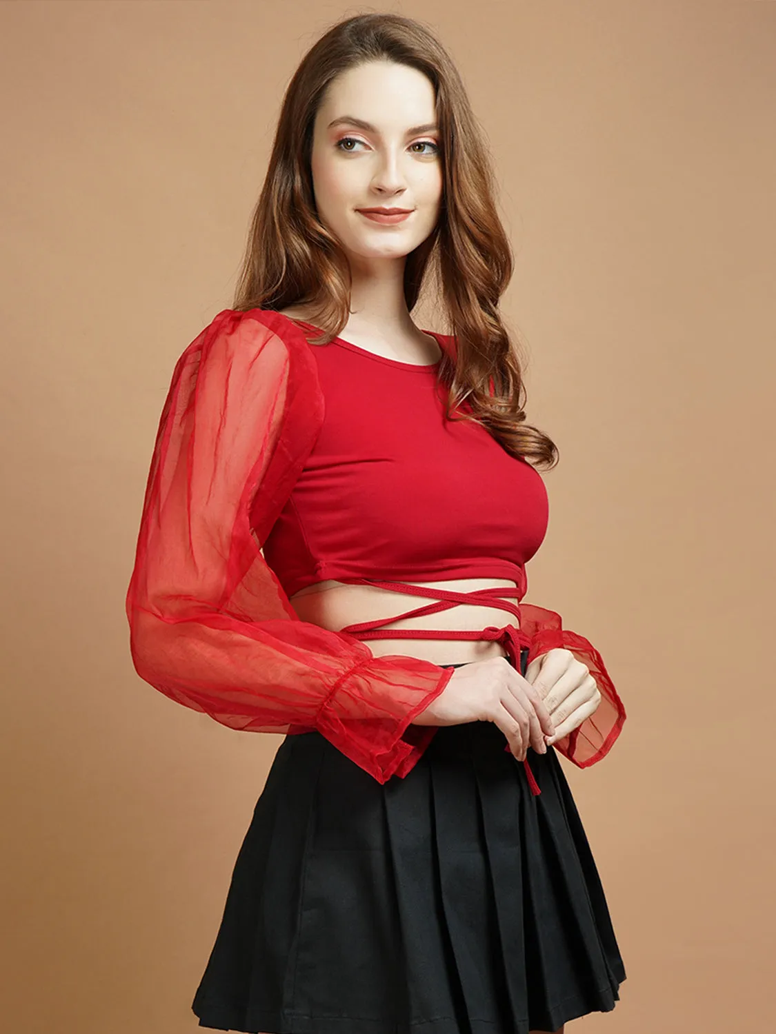 Organza Sleeve Red Lycra Tie Top