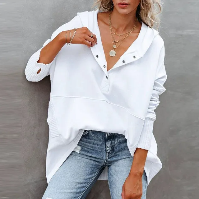 Solid V-Neck Hooded Doll Sleeve Hoodie V-neck Batwing Sleeve Sweatshirt