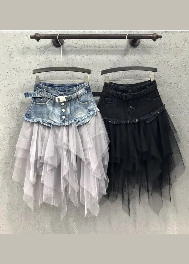 Style Blue Asymmetrical Tulle Patchwork Denim Skirts Summer QQ1052