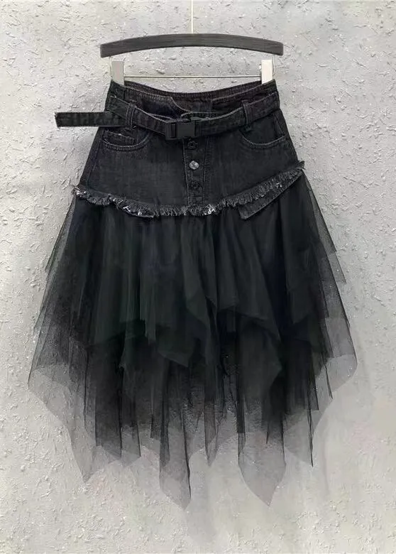 Style Blue Asymmetrical Tulle Patchwork Denim Skirts Summer QQ1052
