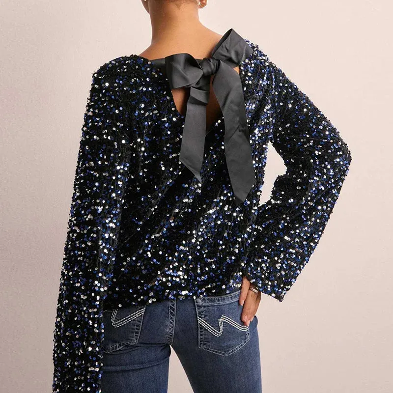UAKISS  -  Lace-Up Long Sleeve Simple Tops, Women Spring Summer Sequins Patchwork Chic Blouses, O Neck Fashion Holiday Ladies Shirts Blusas