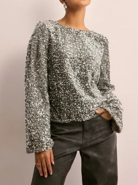 UAKISS  -  Lace-Up Long Sleeve Simple Tops, Women Spring Summer Sequins Patchwork Chic Blouses, O Neck Fashion Holiday Ladies Shirts Blusas