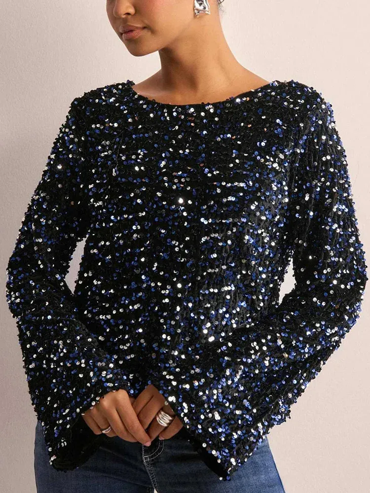 UAKISS  -  Lace-Up Long Sleeve Simple Tops, Women Spring Summer Sequins Patchwork Chic Blouses, O Neck Fashion Holiday Ladies Shirts Blusas