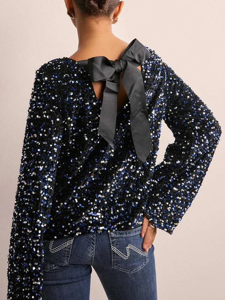 UAKISS  -  Lace-Up Long Sleeve Simple Tops, Women Spring Summer Sequins Patchwork Chic Blouses, O Neck Fashion Holiday Ladies Shirts Blusas