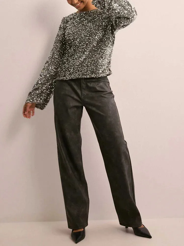 UAKISS  -  Lace-Up Long Sleeve Simple Tops, Women Spring Summer Sequins Patchwork Chic Blouses, O Neck Fashion Holiday Ladies Shirts Blusas