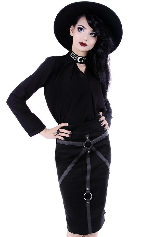Witchcraft Moon V-neck Choker Neck Black Long Sleeve Blouse Top