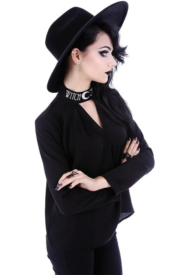 Witchcraft Moon V-neck Choker Neck Black Long Sleeve Blouse Top