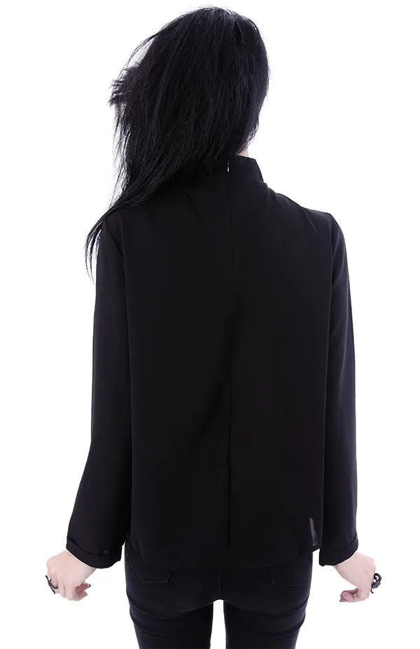 Witchcraft Moon V-neck Choker Neck Black Long Sleeve Blouse Top