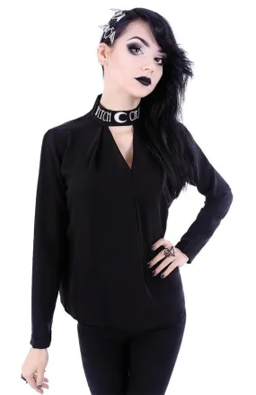 Witchcraft Moon V-neck Choker Neck Black Long Sleeve Blouse Top
