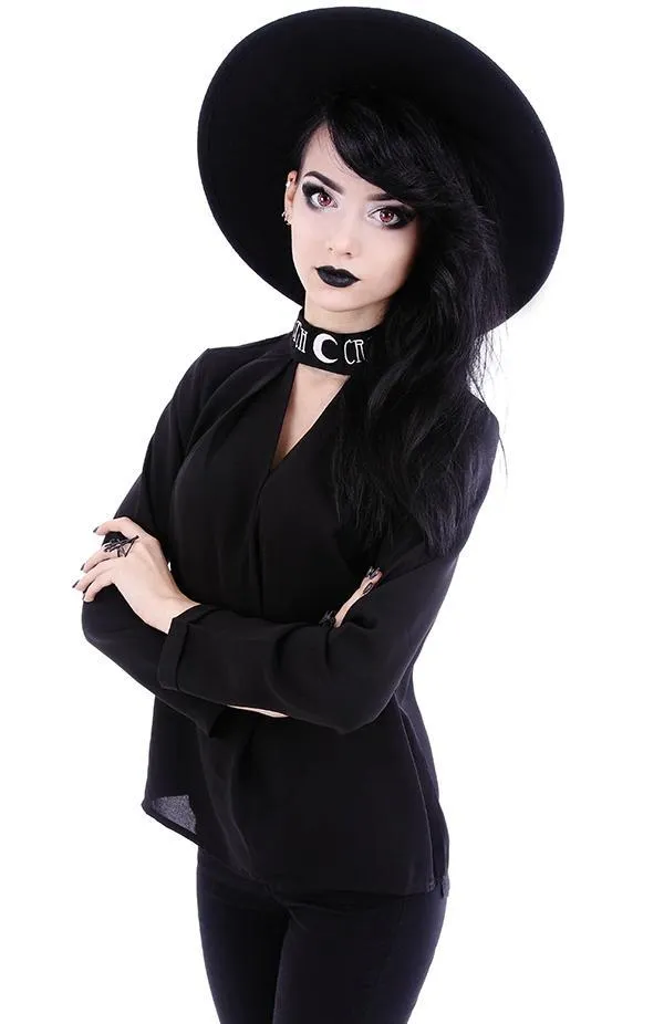 Witchcraft Moon V-neck Choker Neck Black Long Sleeve Blouse Top
