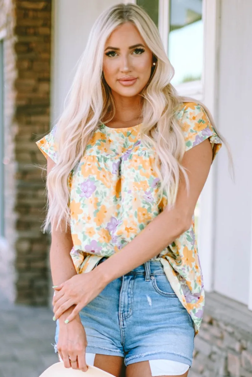 Yellow Floral Blouse with Capped Short Sleeve
