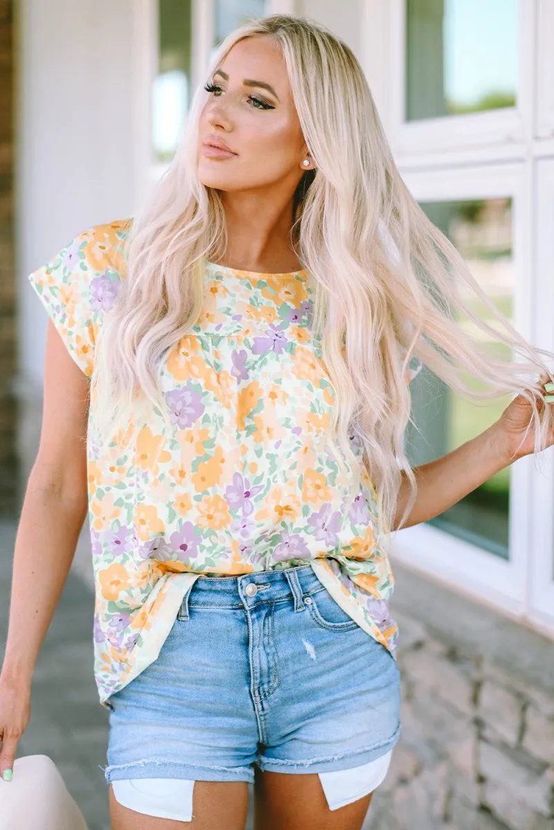 Yellow Floral Blouse with Capped Short Sleeve