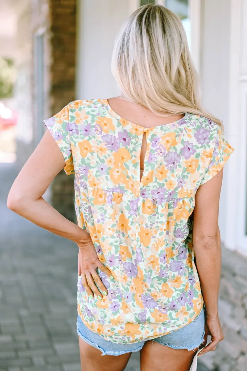 Yellow Floral Blouse with Capped Short Sleeve