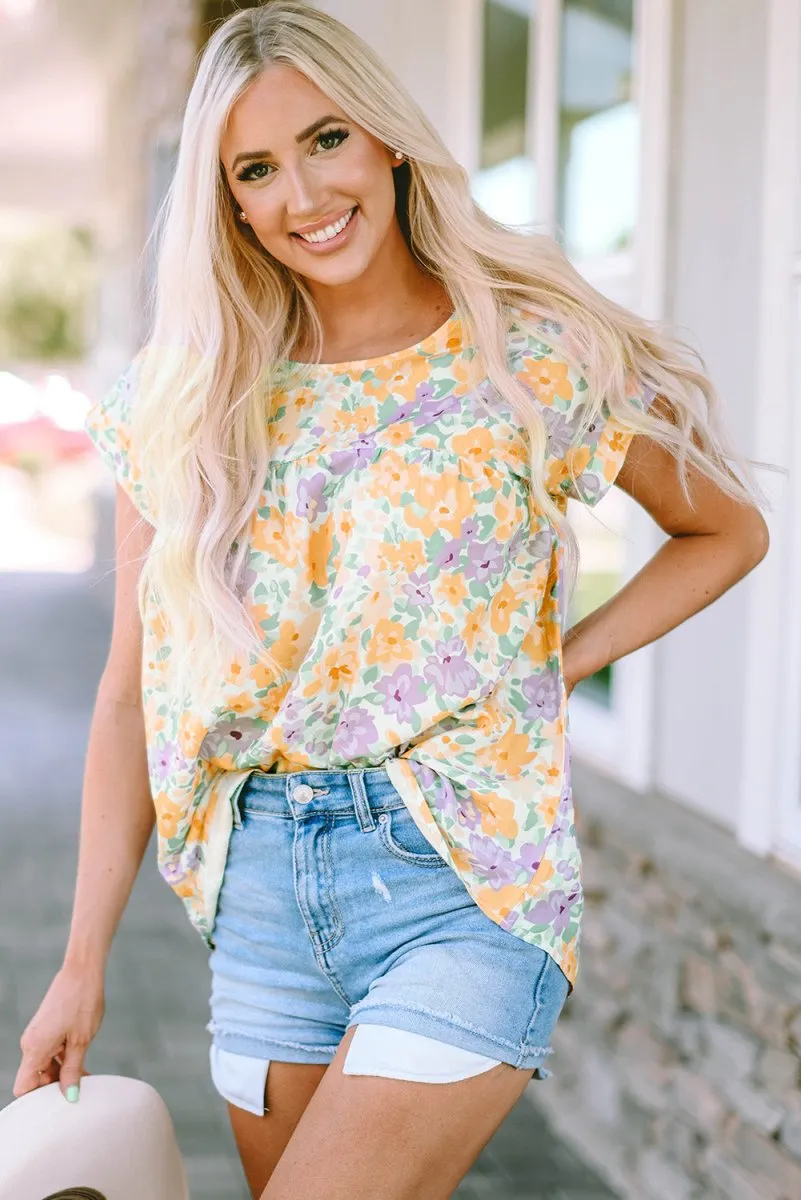 Yellow Floral Blouse with Capped Short Sleeve